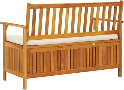 Solid Acacia Wood Storage Bench with Polyester Cushion, Rustic Natural Finish for Hallway Garden Patio Entryway, Durable Indoor Outdoor Seating and Decorative Furniture