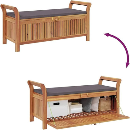 Solid Acacia Wood Outdoor Storage Bench with Dark Grey Cushion Brown Rectangular Garden Furniture for Patio Porch and Balcony Seating