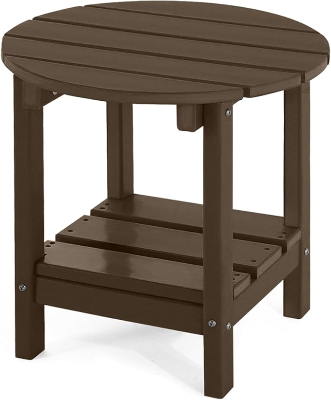 Adirondack Outdoor Side Tables, 2-Tier Round Outdoor Table, Weather Resistant HDPE Patio End Table for Garden, Lawn, Pool, Beach, Porch, Deck, Backyard - Dark Brown