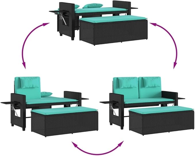 Reclining Patio Bench with Cushions Black Poly Rattan Porch Bench Outdoor Bench Deck Bench Garden Bench for patios - Photo 9