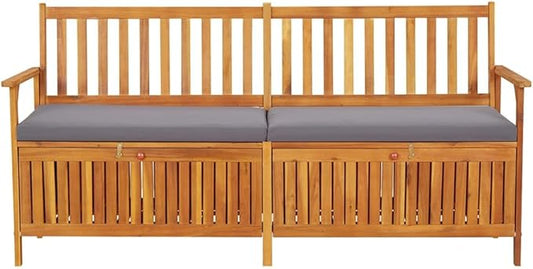 Storage Bench with Cushion 66.9" Solid Wood Acacia Outdoor Bench Deck Bench Garden Bench Porch Bench for patios, Gardens, Decks