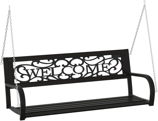 Outdoor Hanging Porch Swing Bench, 2-Person Steel Garden Swing Seat with Chains, Weather-Resistant Patio Yard Hanging Bench, 485 lbs Capacity, Black