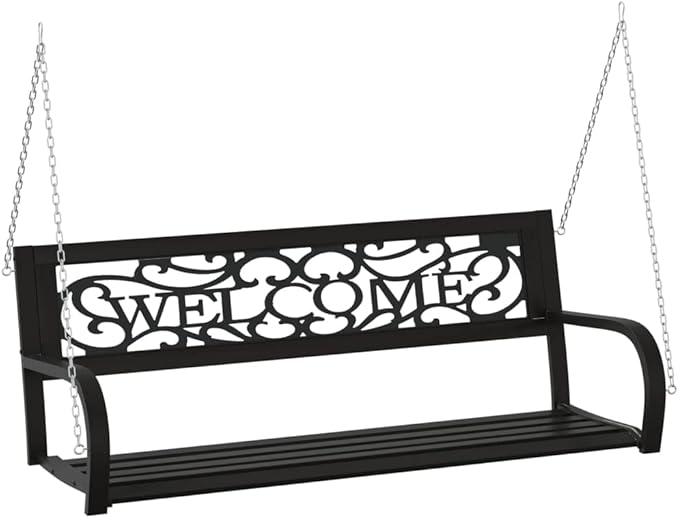 Black Steel Plastic Medium Hanging Mount Garden Swing Bench for Outdoor Patio, 2-Seater Weather-Resistant Hanging Chair with Included Mounting Hardware for Balcony or Garden