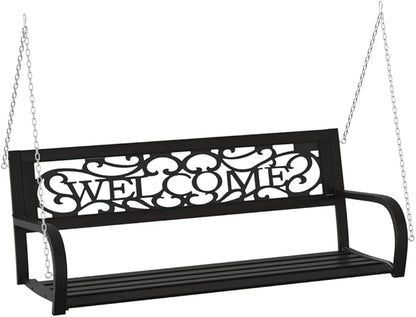 Black Steel Plastic Medium Hanging Mount Garden Swing Bench for Outdoor Patio, 2-Seater Weather-Resistant Hanging Chair with Included Mounting Hardware for Balcony or Garden