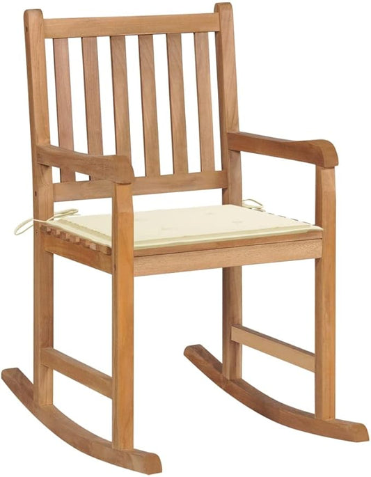 Solid Teak Rocking Chair 36.4" Wide Rocker Outdoor Lounge Chair Natural Frame Cream Cushion Balcony Garden Patio Chairs for Relaxing