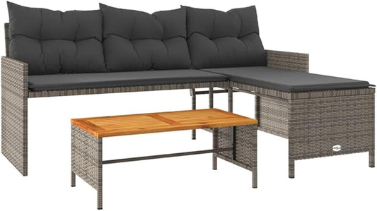 vidaXL L-Shaped Patio Sofa with Cushions and Coffee Table - Gray Poly Rattan, Powder-Coated Steel Frame, Acacia Wood Tabletop, Removable Covers for Garden, Terrace