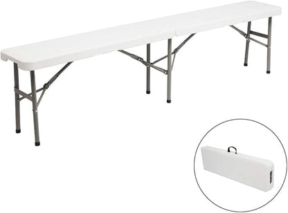 6ft Portable Plastic Folding Bench,Outdoor Foldable Courtyard Benchs,Patio Furniture Bench Chair,Outside & Indoor Dining Benchs,with Metal Legs,for Porch Backyard Garden Poolside Balcony (White)