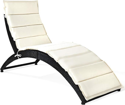 HAPPYGRILL Modern White Rattan & Steel Foldable Patio Lounge Chair - Outdoor Wicker Chaise Lounger with Cushion - Patio Furniture Set for Backyard, Patio, Garden, Lawn, Balcony, Beach, Pool, Porch