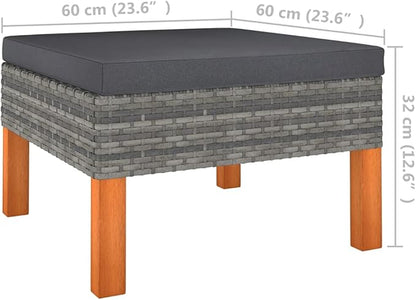 23.6x23.6x12.6 in Grey Poly Rattan Square Outdoor Ottoman, UV-Resistant Footstool for Garden Patio Balcony, Removable Cushion & Eucalyptus Wood Frame, Extra Seat, Lounge Furniture