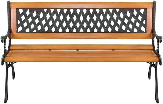 49 inch Outdoor Patio Garden Bench, Metal Park Bench, Cast Iron Bench and Hardwood Weather Resistant Weave Design 330lbs Capacity for Porch, Deck, Patio Seat Bronze Natural Finish