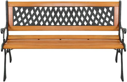 49 inch Outdoor Patio Garden Bench, Metal Park Bench, Cast Iron Bench and Hardwood Weather Resistant Weave Design 330lbs Capacity for Porch, Deck, Patio Seat Bronze Natural Finish