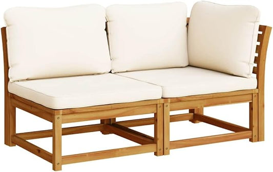 2 Piece Outdoor Sectional Sofa Set Cream White Acacia Wood Patio Couch with Removable Cushions Slatted Design Modular Small Balcony Garden Conversation for Deck Lawn Sunroom