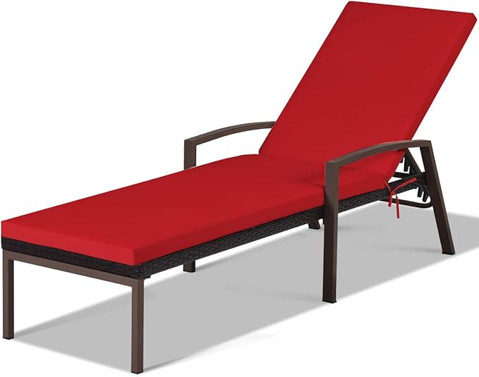 COSTWAY PE Rattan Lounge Chair Outdoor, Patio Wicker Chaise Lounge with 5-Position Adjustable Backrest, Soft Cushion & Arm Rest, Pool Lounger for Poolside, Deck, Backyard (Red)