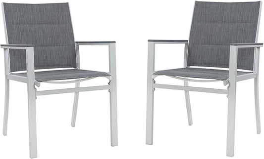 Kozyard Villa Outdoor Patio Dining Chairs Set of 2, Aluminum Frame with Padded Textilene Fabric, Breathable Quick-Dry Sling Chairs for Backyard, Porch, Poolside (White/Gray)