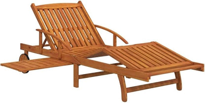2-pc Acacia Sun Lounger Set, Adjustable Back/Footrest, Wheels, Brown