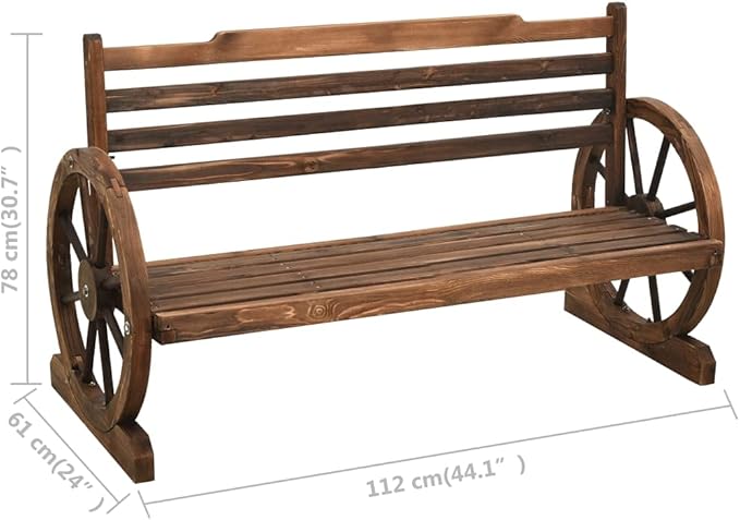 Rustic Firwood Outdoor Garden Bench 44.1x44.1x30.7 in Brown with Wagon Wheel Armrests, 2-Seater Patio Seating for Backyard, Deck, or Porch