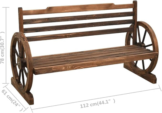 Rustic Firwood Outdoor Garden Bench 44.1x44.1x30.7 in Brown with Wagon Wheel Armrests, 2-Seater Patio Seating for Backyard, Deck, or Porch