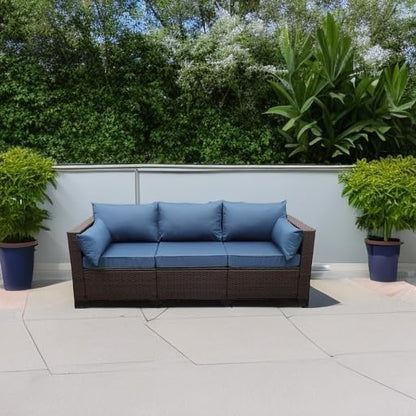 3-Piece Outdoor Rattan Couch Furniture Patio Wicker Sofa with Steel Frame with Furniture Cover and Deep Seat High Back, Blue Anti-Slip Cushion