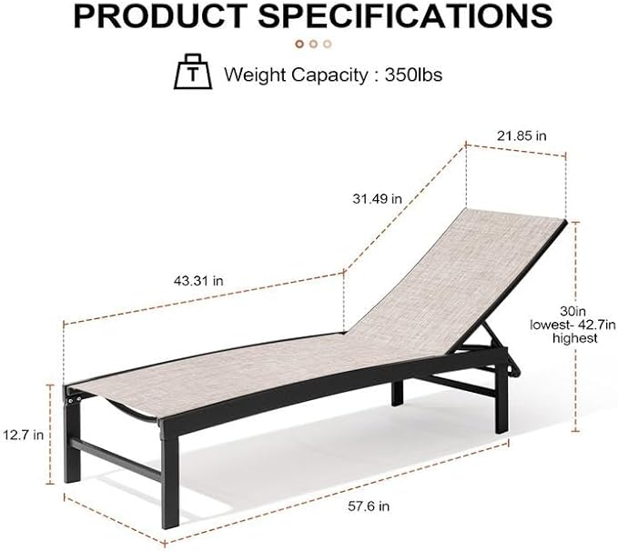 Crestlive Products Chaise Lounge Chair Outdoor Set of 2, Adjustable 5 Positions Pool Tanning Recliner, Outdoor Lounge Furniture Perfect for Patio, Beach, Yard, Pool