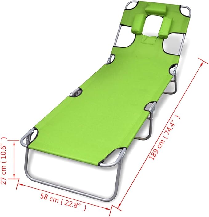 Folding Green Sun Lounger 74.4"x22.8"x10.6" Steel Chaise, Adjustable Tanning Chair w/Head Cushion, UV Fabric - Photo 2