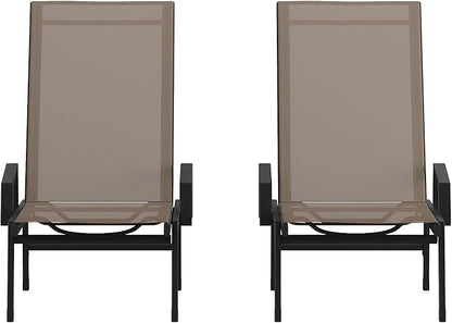 Flash Furniture Brazos Set of 2 Adjustable Chaise Lounge Chairs with Arms, All-Weather Outdoor Five-Position Recliners, Black/Brown