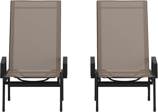Flash Furniture Brazos Set of 2 Adjustable Chaise Lounge Chairs with Arms, All-Weather Outdoor Five-Position Recliners, Black/Brown