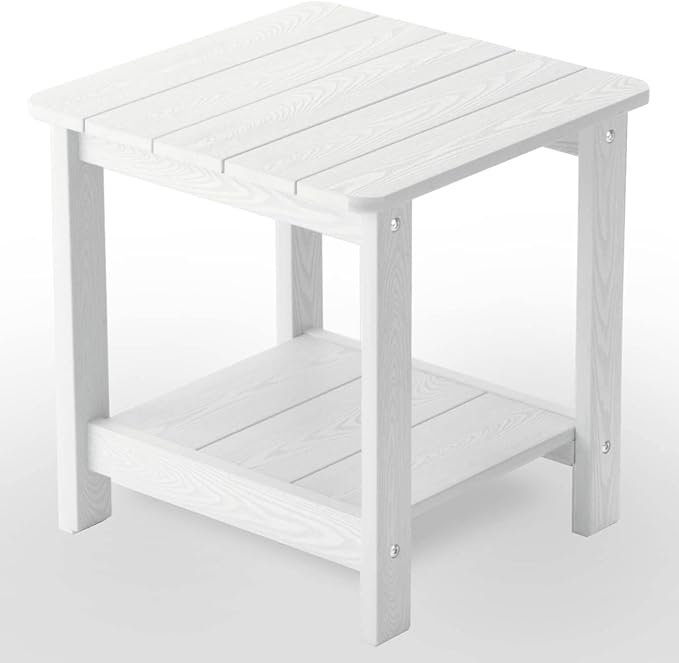hOmeHua Weather Resistant Side Table, 17 inch Square 2-Layer Structure Wide Desktop, Imitation Wood Stripes, Easy to Assemble & Maintain, Suitable for All Indoor & Outdoor Places - White
