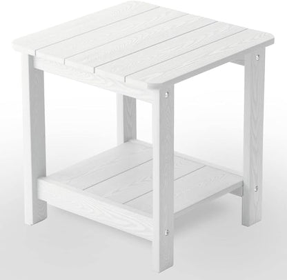 hOmeHua Weather Resistant Side Table, 17 inch Square 2-Layer Structure Wide Desktop, Imitation Wood Stripes, Easy to Assemble & Maintain, Suitable for All Indoor & Outdoor Places - White