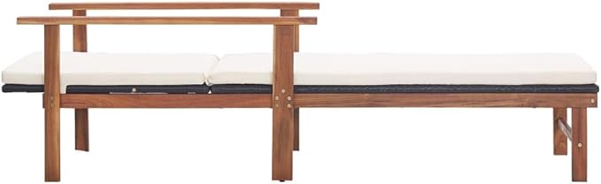 Poly Rattan Outdoor Chaise Lounge 78.7" Reclining Poolside Sunlounger with Acacia Wood Frame, Cream Cushions - Photo 3