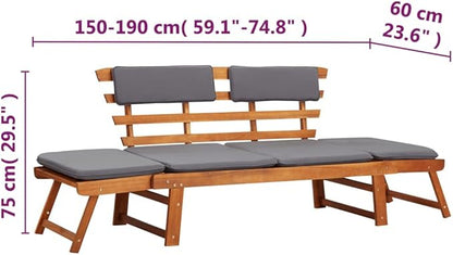 2-in-1 Patio Daybed with Cushion,Park Wooden Bench,Garden Bench,Balcony Bench,Outdoor Furniture,Picnic Bench, for The Front Porch,Deck, Balcony or Backyard,74.8" Solid Acacia Wood