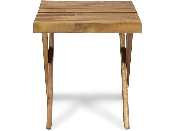 Rustic Wooden Side Table, Patio End Table with Slatted Top, Portable Small Square Outdoor Coffee Table for Garden, Balcony, or Living Room, Teak