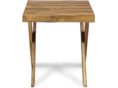 Rustic Wooden Side Table, Patio End Table with Slatted Top, Portable Small Square Outdoor Coffee Table for Garden, Balcony, or Living Room, Teak