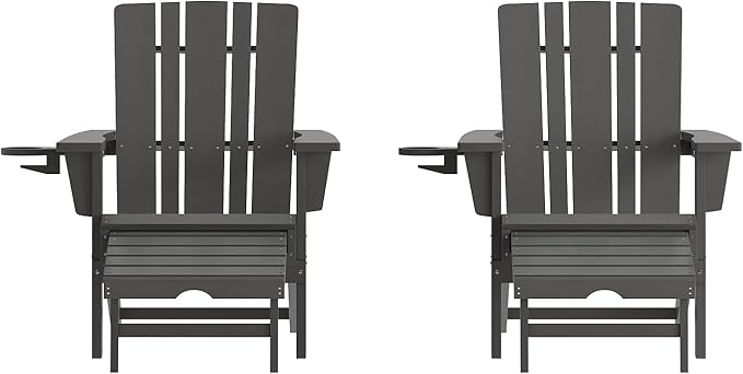 Flash Furniture Halifax Poly Resin Adirondack Chair with Cup Holder and Pull Out Ottoman, All-Weather Poly Resin Indoor/Outdoor Lounge Chair, Set of 2, Gray
