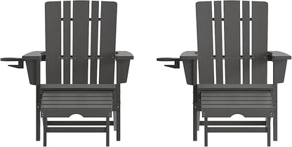 Flash Furniture Halifax Poly Resin Adirondack Chair with Cup Holder and Pull Out Ottoman, All-Weather Poly Resin Indoor/Outdoor Lounge Chair, Set of 2, Gray