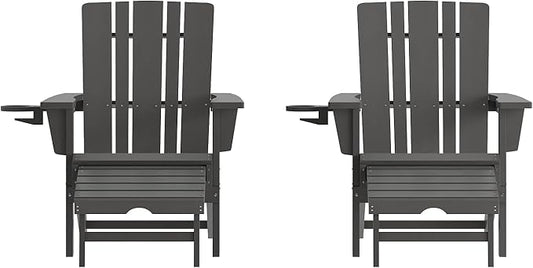 Flash Furniture Halifax Poly Resin Adirondack Chair with Cup Holder and Pull Out Ottoman, All-Weather Poly Resin Indoor/Outdoor Lounge Chair, Set of 2, Gray