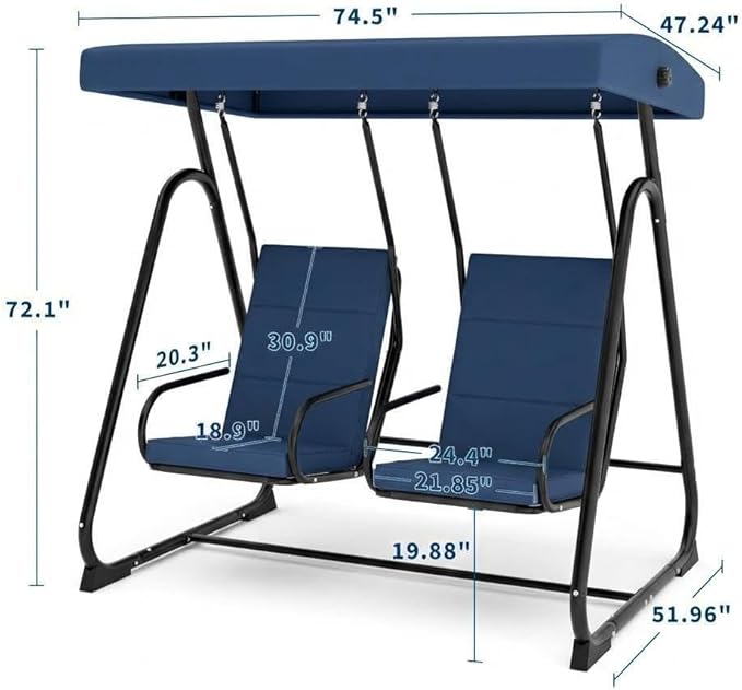 2-Person Outdoor Swing Chair with Canopy, Heavy Duty Patio Glider Bench, High Back Support, Detachable Cushions - Photo 2