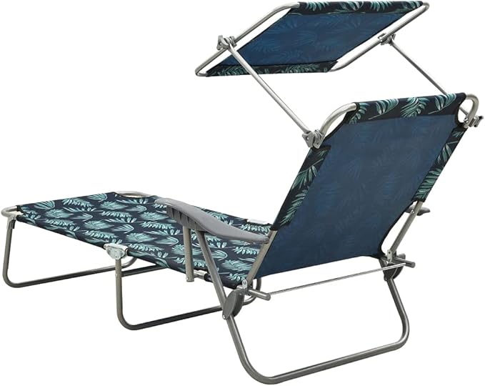 Folding Leaf Print Sun Lounger w/Adjustable Canopy, 74"x28" Steel Frame Outdoor Chaise for Garden, Pool, Beach, Balcony - Photo 4