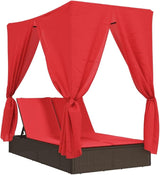 Brown PE Rattan Double Patio Sun Lounger 78.7"x44.9"x77.2" with Adjustable Backrest, Curtains & Roof - Photo 3