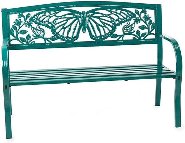Wind & Weather Teal Iron Butterfly Garden Bench 4-Feet Wide by 2.75-Feet High by 1.75-Feet Deep Sturdy, Powder-Coated Bench for All Seasons, Adds Pop of Gorgeous Color to Your Garden
