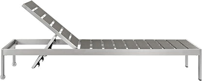 Pemberly Row Modern Outdoor Aluminum Chaise Lounge, 76" Long Recliner, Gray/Silver Finish, Adjustable Height, Dual Wheels, Plastic Wood Accents, Patio Lounger for Sunbathing or Relaxing