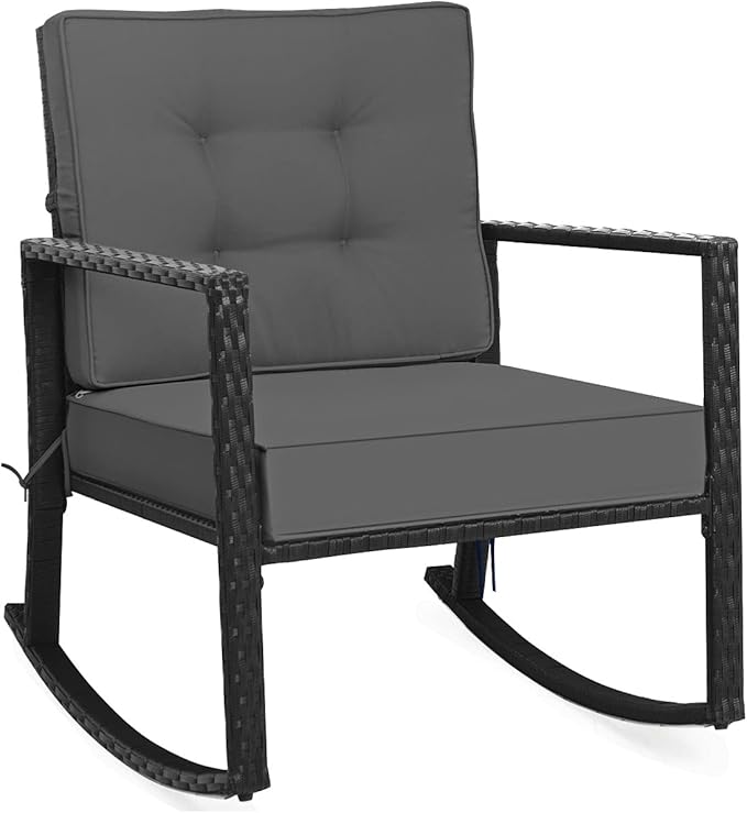 Tangkula 2 Pieces Wicker Rocking Chairs, Outdoor Glider Rattan Rocker Chair with Heavy-Duty Steel Frame, Patio Wicker Furniture Seat with 5” Thick Cushion for Garden, Porch, Backyard, Poolside