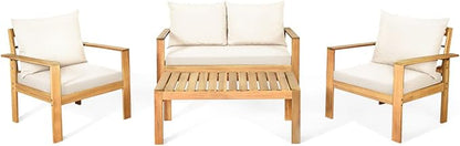 COSTWAY 4 Pieces Outdoor Acacia Wood Sofa Set, Outdoor Conversation Sofa Set with Table & Cushions Porch Chairs for Garden, Patio, Deck