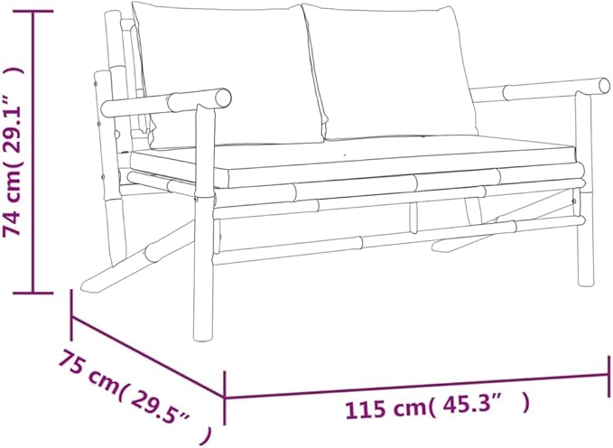 Bamboo Outdoor Loveseat 29.5x45.3x29.1, 485 lbs, Dark Grey Cushions, Removable Zipper Pads, Wipe Clean, Balcony Garden - Photo 4