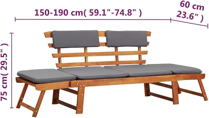 2-in-1 Patio Daybed with Cushion, Bench with Backrest, Garden Bench, Park Bench for Patio, Garden, Yard, Lawn,74.8" Solid Acacia Wood