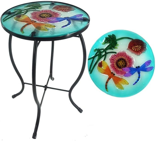 12 Inch Round Dragonfly Glass Side Table, Patio Small Table, Outdoor Side Table, Outdoor Bar Table - Photo 1