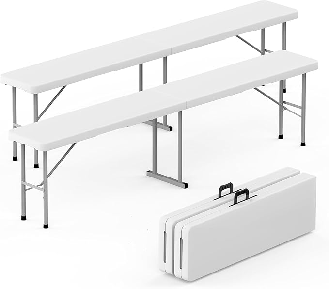 Plastic Folding Bench - Portable Bench Used for Indoor, Outdoor, Picnic, Party, Camping, Dining Seat, Garden Soccer Multipurpose Entertaining Activities, White (2, White, 8 Feet)