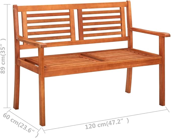 Bench Brown Solid Eucalyptus Wood 2-Seater Ergonomic Outdoor Benches Park Bench for Balcony Courtyard