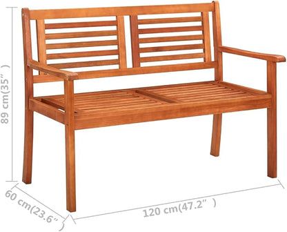 Garden Bench Brown 47.6 in Solid Eucalyptus Wood Two-Seater Patio Loveseat Outdoor Seating 242.5 lbs Load for Yard Terrace Balcony