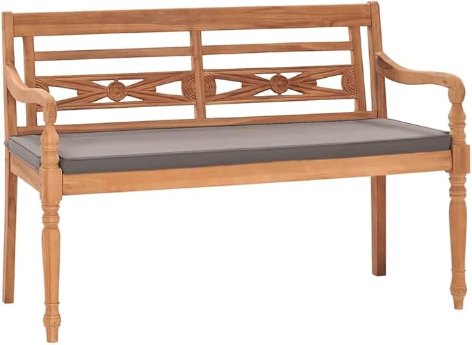 Outdoor Bench with Dark Grey Cushion, Solid Teak Wood Construction, 47.2 Inch Rustic Batavia Style for Garden Patio Balcony, Weather Resistant and Easy Maintenance