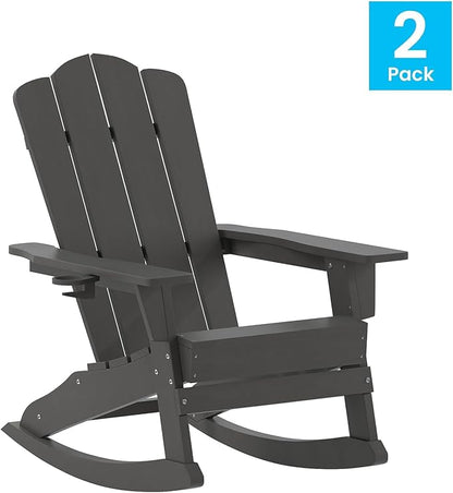 Flash Furniture Newport Adirondack Rocking Chairs with Cup Holder, Weather Resistant Poly Resin Adirondack Rocking Chairs, Set of 2, Gray